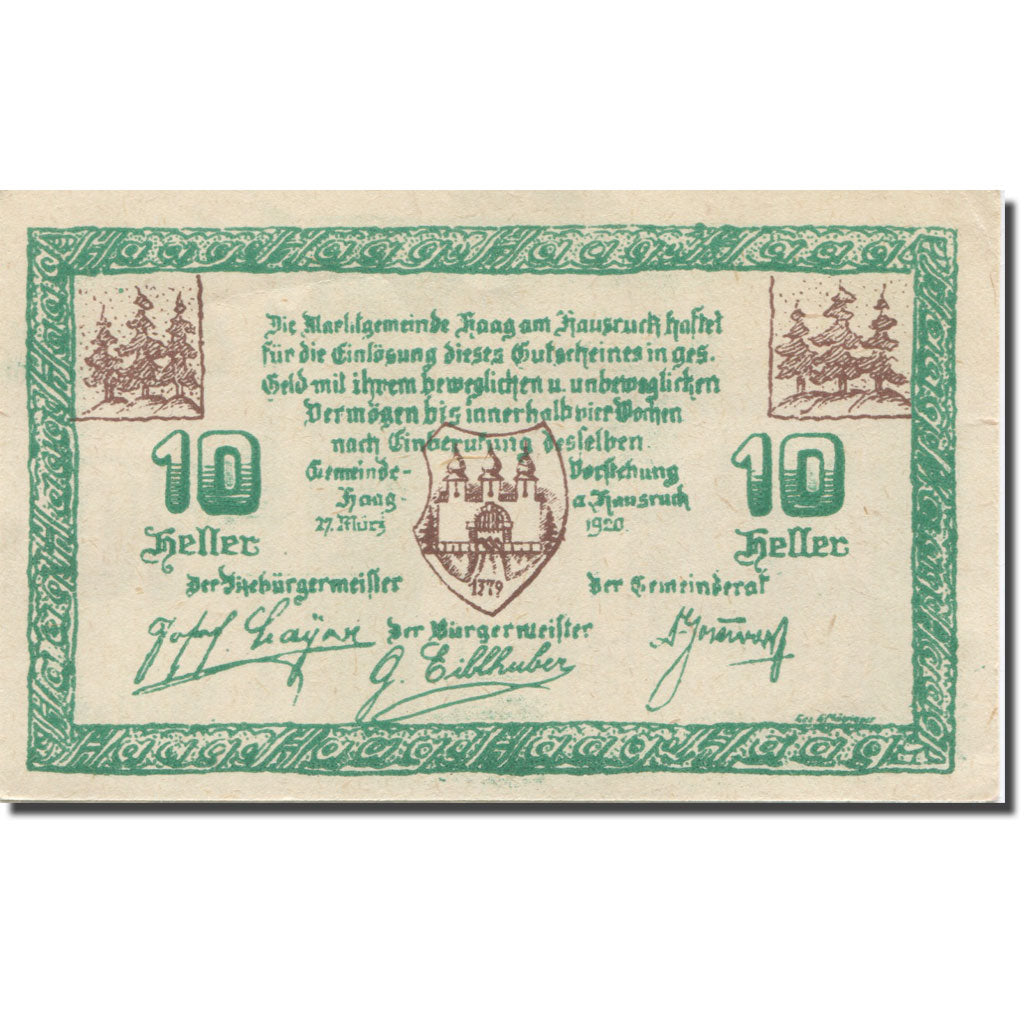 Banknote, Austria, Haag Am Hausruck O.Ö. Marktgemeinde, 10 Heller, Blason