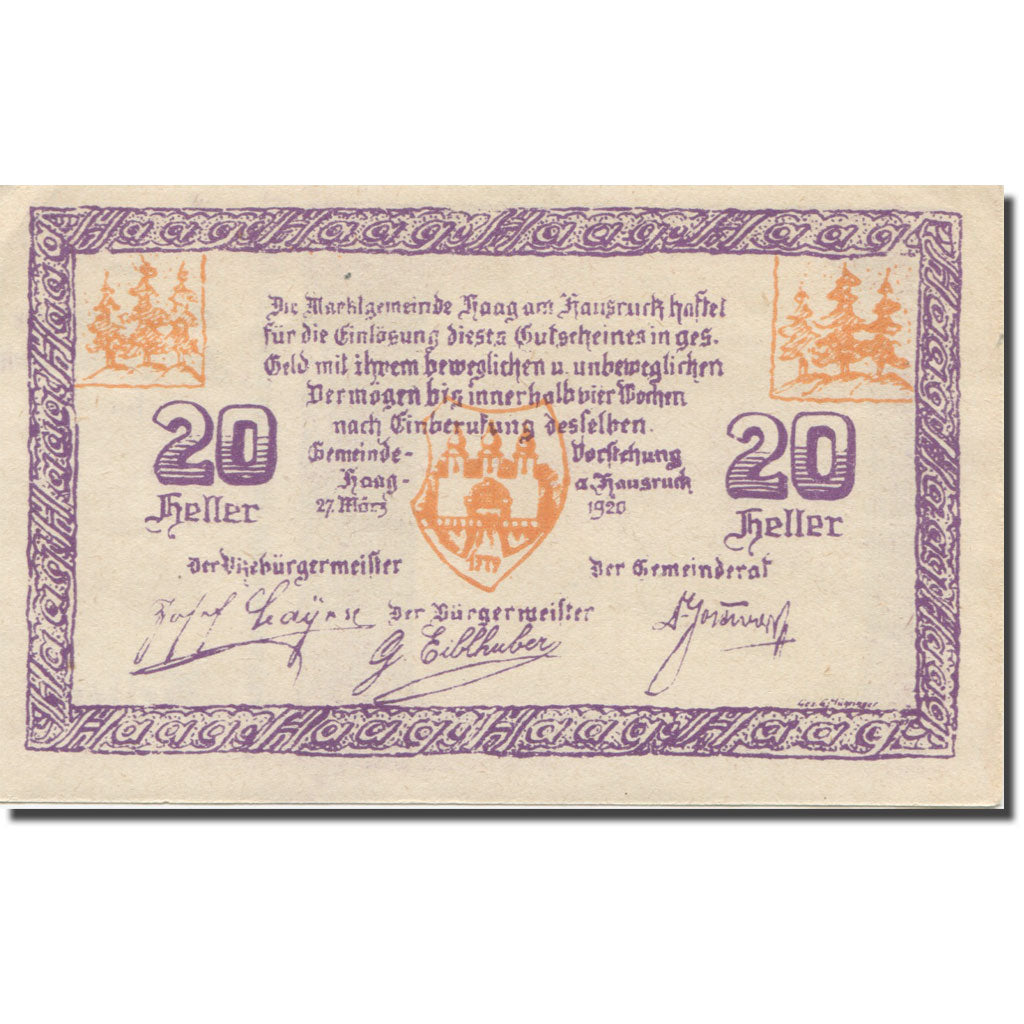 Banknote, Austria, Haag Am Hausruck O.Ö. Marktgemeinde, 20 Heller, Blason 1