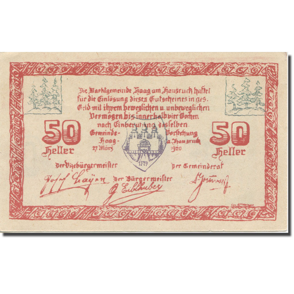 Banknote, Austria, Haag Am Hausruck O.Ö. Marktgemeinde, 50 Heller, Blason 2