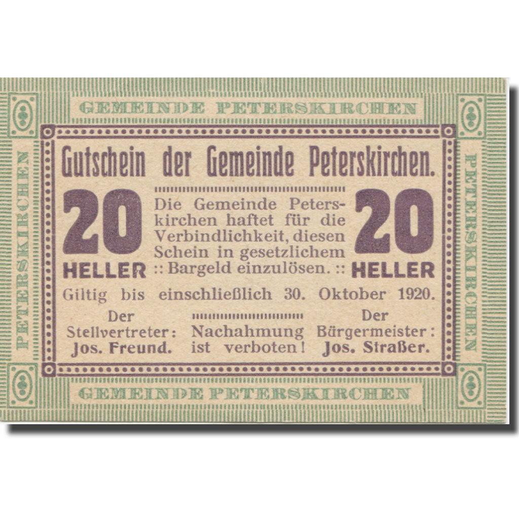 Banknote, Austria, Peterskirchen, 20 Heller, texte 1, 1920, 1920-03-30