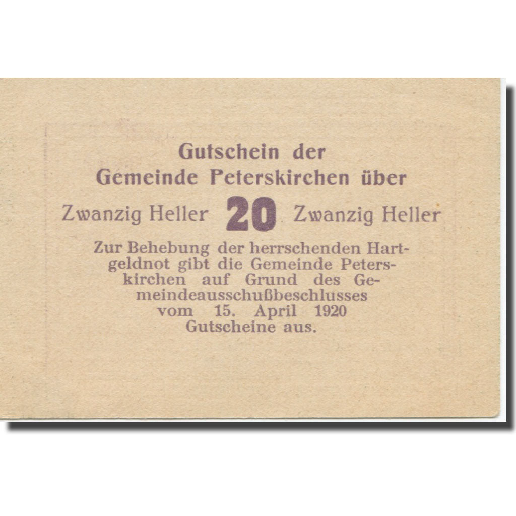 Banknote, Austria, Peterskirchen, 20 Heller, texte 1, 1920, 1920-03-30