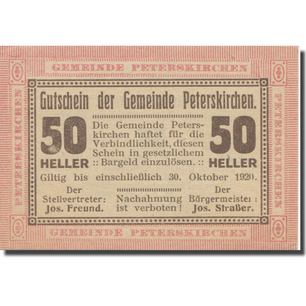 Banknote, Austria, Peterskirchen, 50 Heller, Texte 2, 1920, 1920-03-30