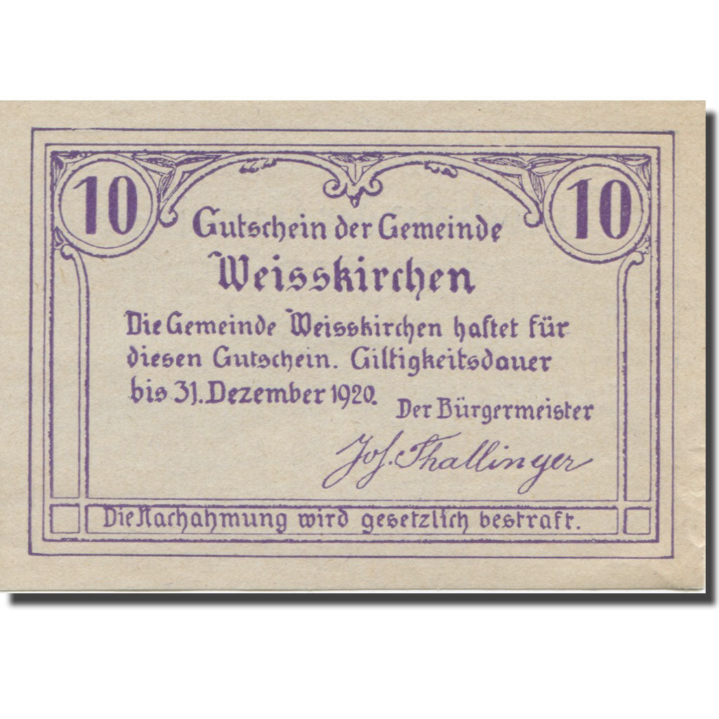 Banknote, Austria, Weisskirchen O.Ö. Gemeinde, 10 Heller, Texte, 1920