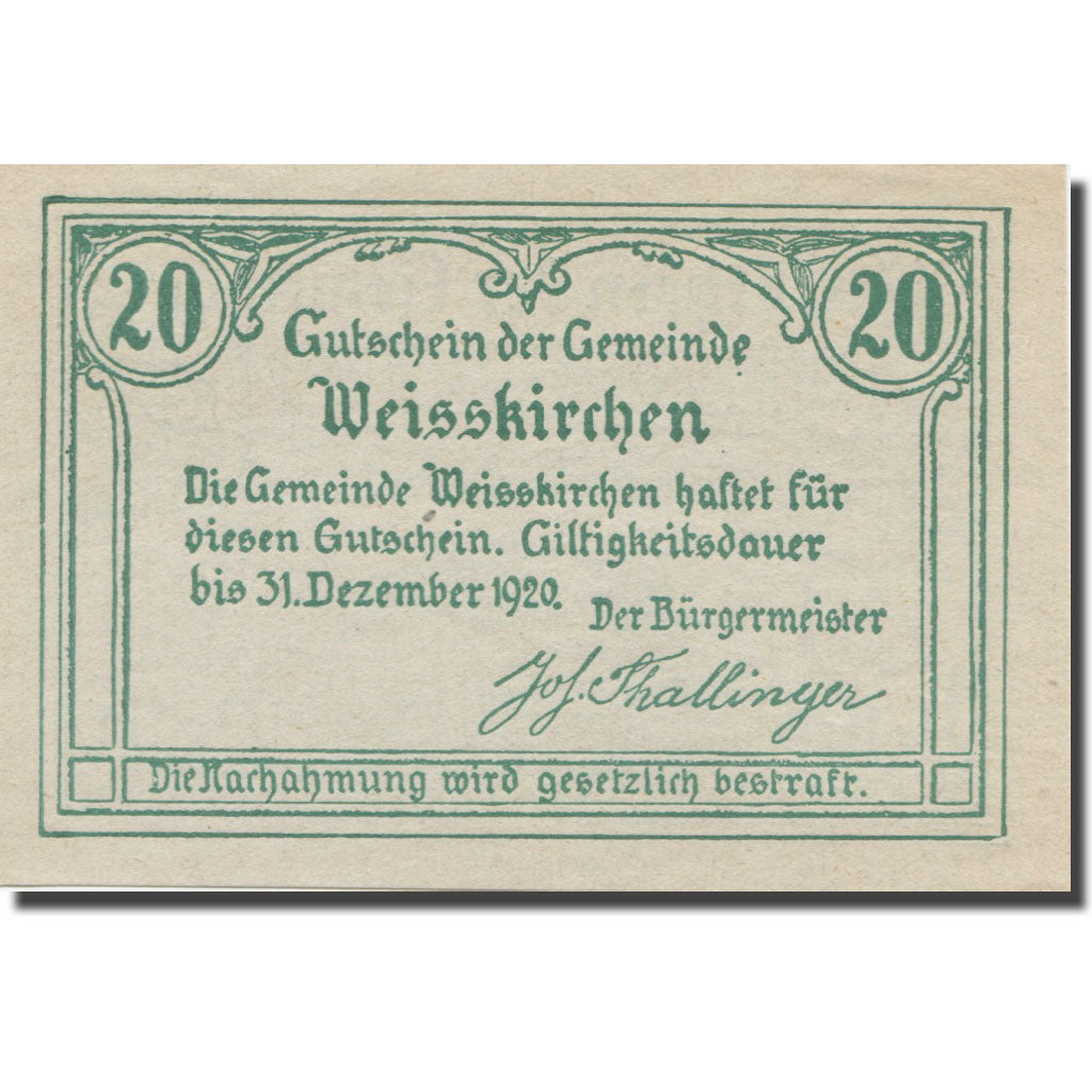 Banknote, Austria, Weisskirchen O.Ö. Gemeinde, 20 Heller, texte 1, 1920