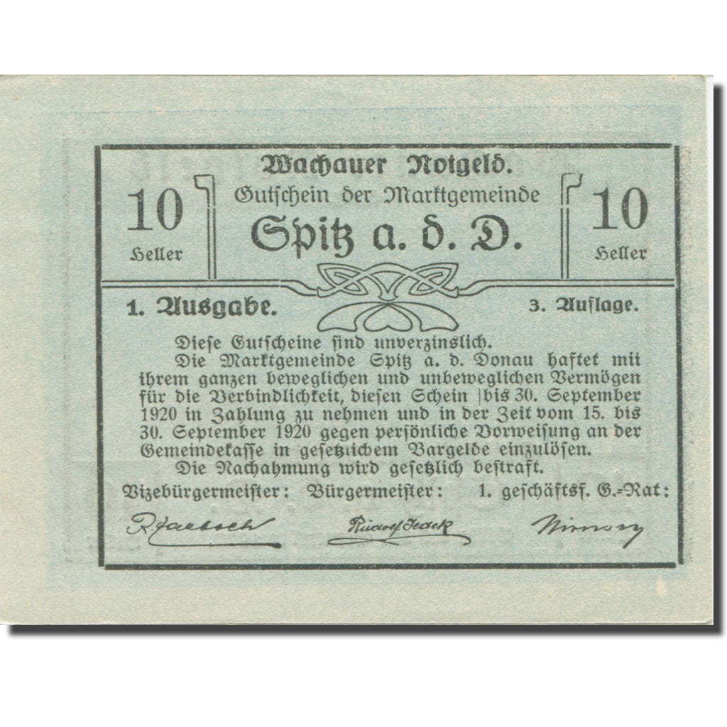 Nota, Áustria, Wachauer Notgeld - Spitz - Kirche N.Ö. Gemeinde, 10 Heller