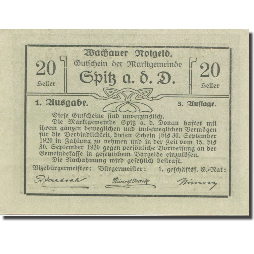 Biljet, Oostenrijk, Wachauer Notgeld - Spitz - Kirche N.Ö. Gemeinde, 20 Heller