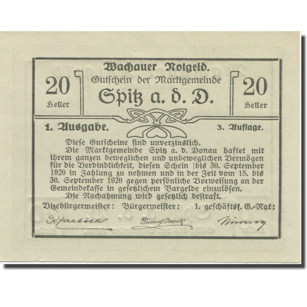 Geldschein, Österreich, Wachauer Notgeld - Spitz - Kirche N.Ö. Gemeinde, 20