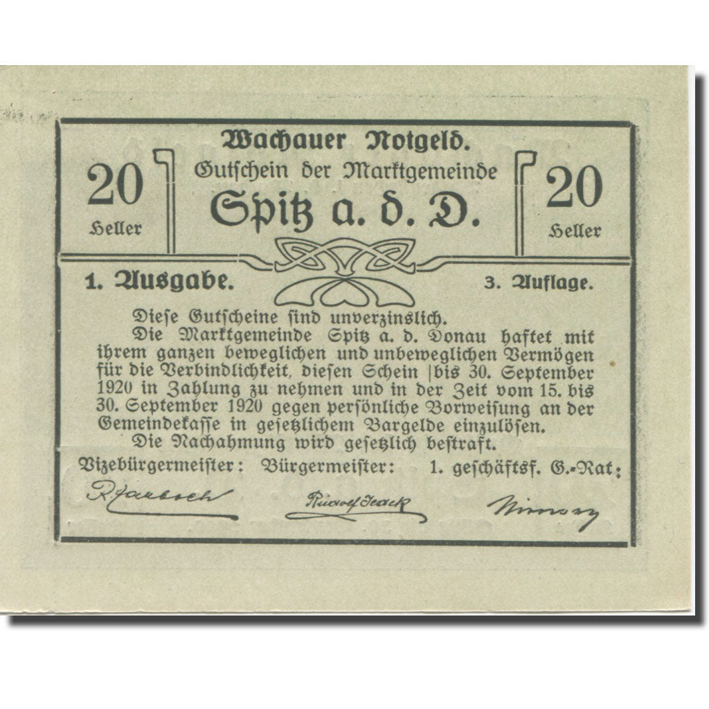 Banknot, Austria, Wachauer Notgeld - Spitz - Kirche N.Ö. Gemeinde, 20 Heller