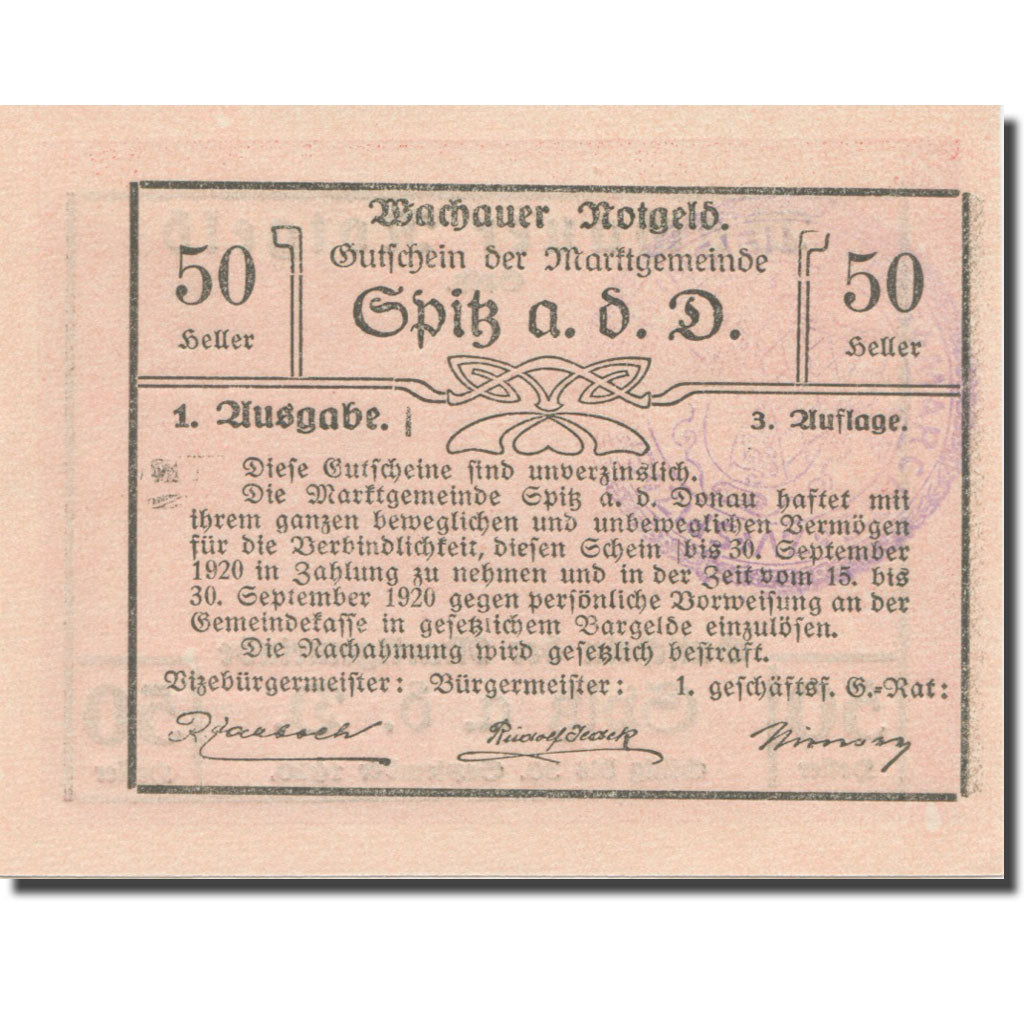 Biljet, Oostenrijk, Wachauer Notgeld - Spitz - Kirche N.Ö. Gemeinde, 50 Heller
