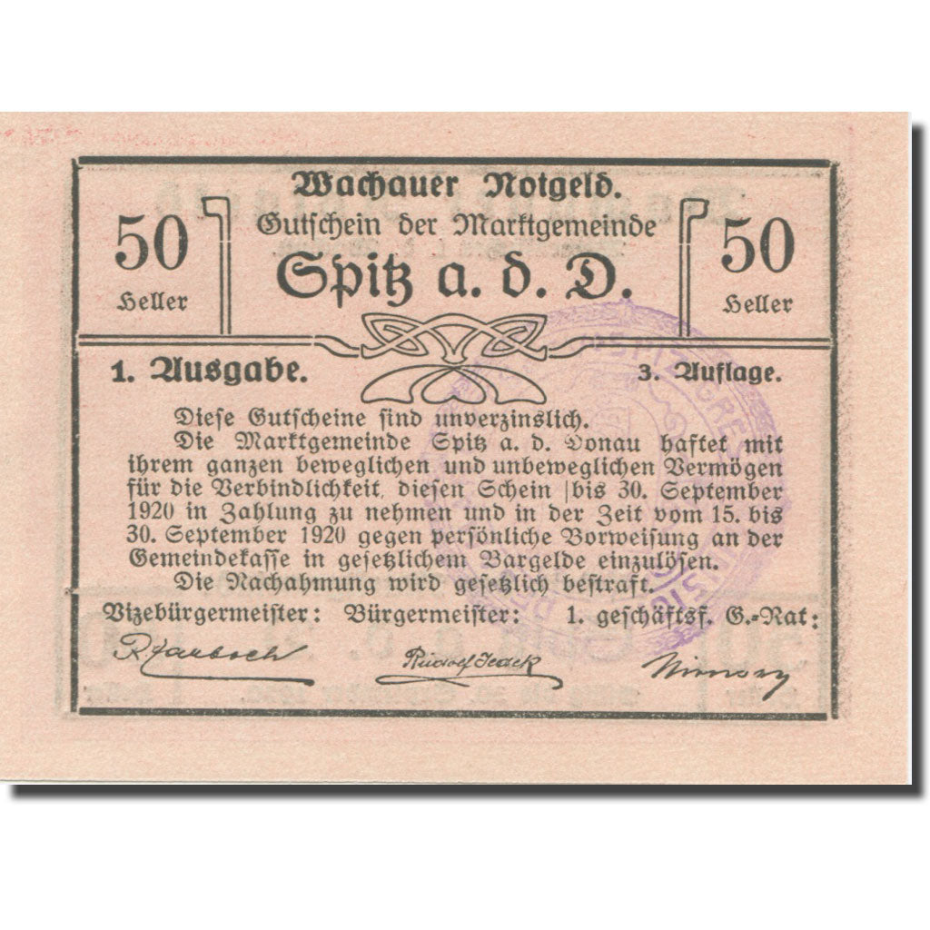 Geldschein, Österreich, Wachauer Notgeld - Spitz - Kirche N.Ö. Gemeinde, 50