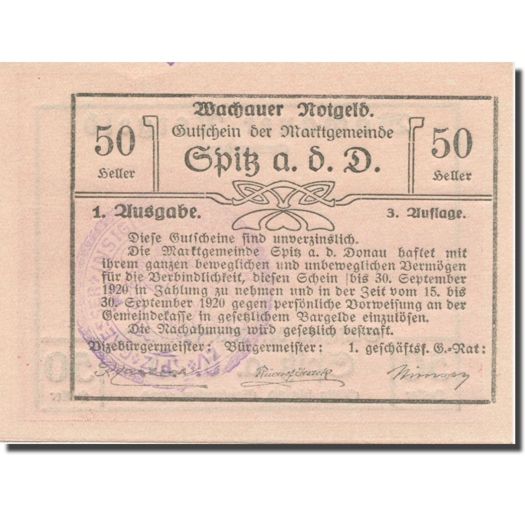 Banconote, Austria, Wachauer Notgeld - Spitz - Kirche N.Ö. Gemeinde, 50 Heller