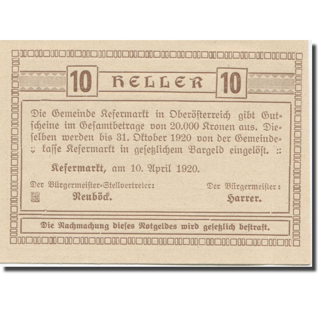 Banknote, Austria, Kefermarkt O.Ö. Gemeinde, 10 Heller, Texte, 1920