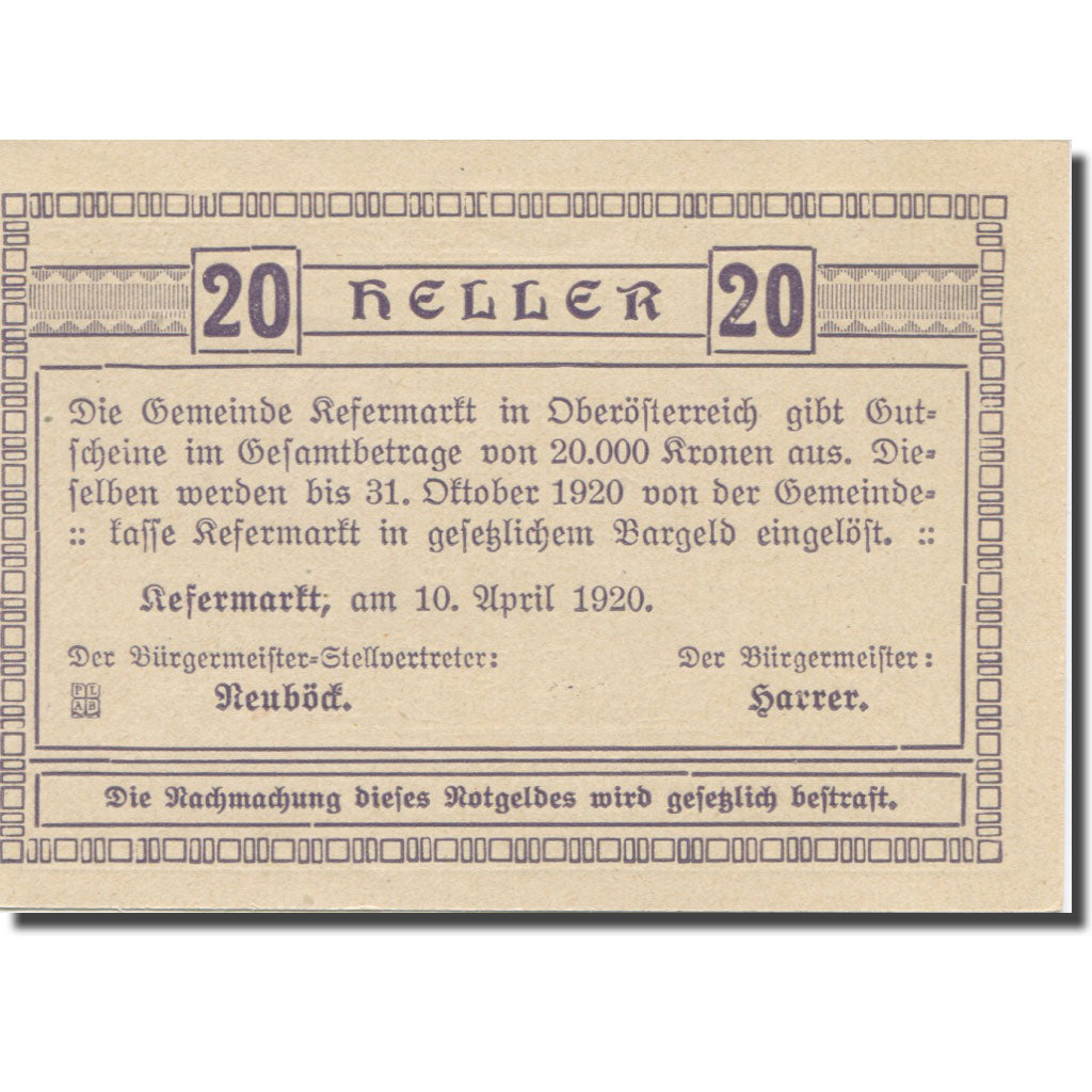 Banknote, Austria, Kefermarkt O.Ö. Gemeinde, 20 Heller, texte 1, 1920