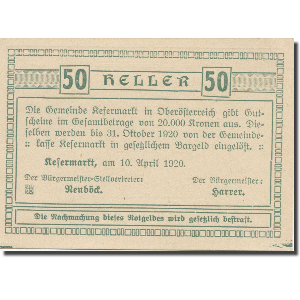 Banknote, Austria, Kefermarkt O.Ö. Gemeinde, 50 Heller, Texte 2, 1920
