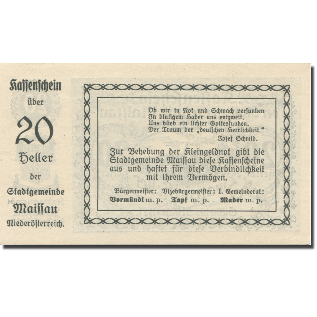 Banknote, Austria, Maissau N.Ö. Stadtgemeinde, 20 Heller, Texte, 1921