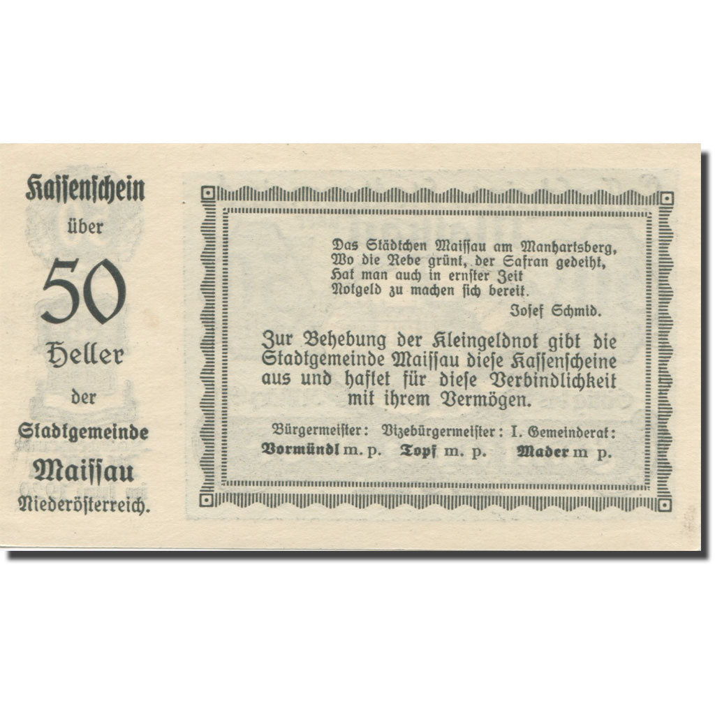 Banknote, Austria, Maissau N.Ö. Stadtgemeinde, 50 Heller, texte 1, 1921