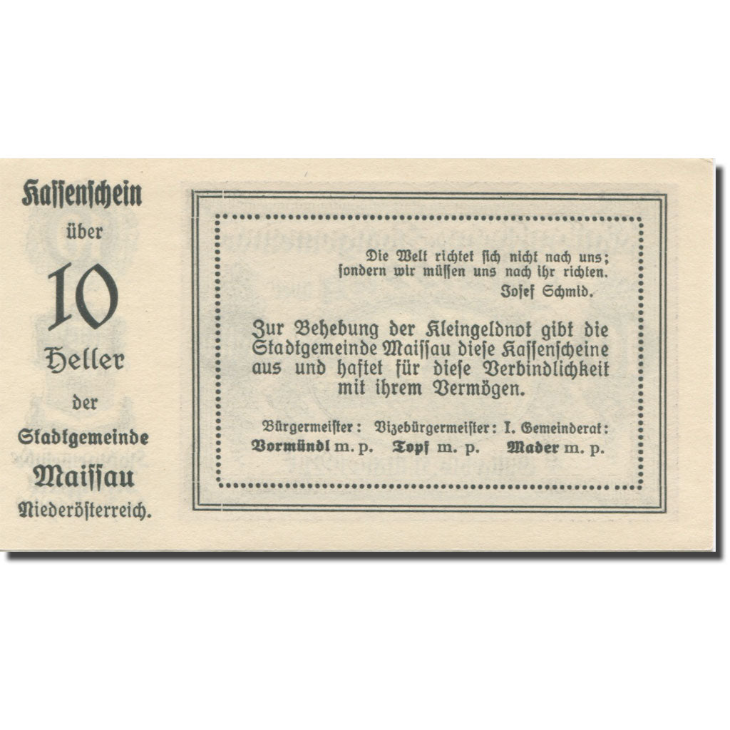 Banknote, Austria, Maissau N.Ö. Stadtgemeinde, 10 Heller, Texte 2, 1921