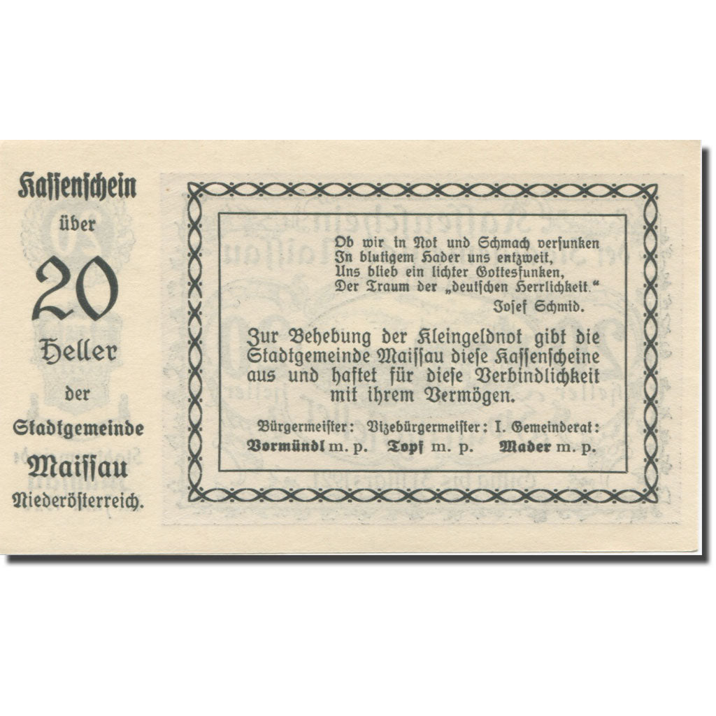 Banknote, Austria, Maissau N.Ö. Stadtgemeinde, 20 Heller, Texte 3, 1921