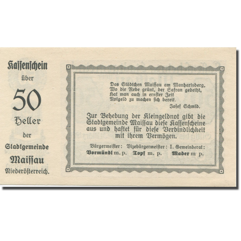Banknote, Austria, Maissau N.Ö. Stadtgemeinde, 50 Heller, Texte 4, 1921