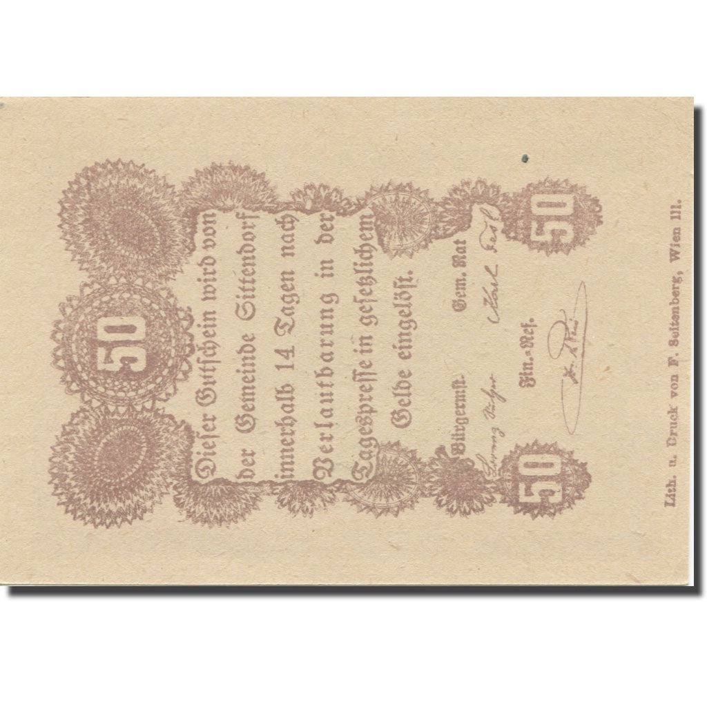 Billete, Austria, Sittendorf, 50 Heller, Texte 3, EBC, Mehl:FS 1001