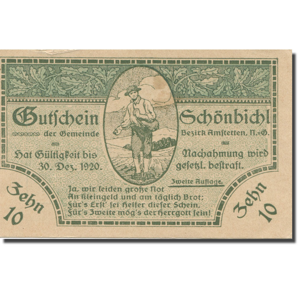 Banknote, Austria, Schönbichl N.Ö. Gemeinde, 10 Heller, Texte, 1920