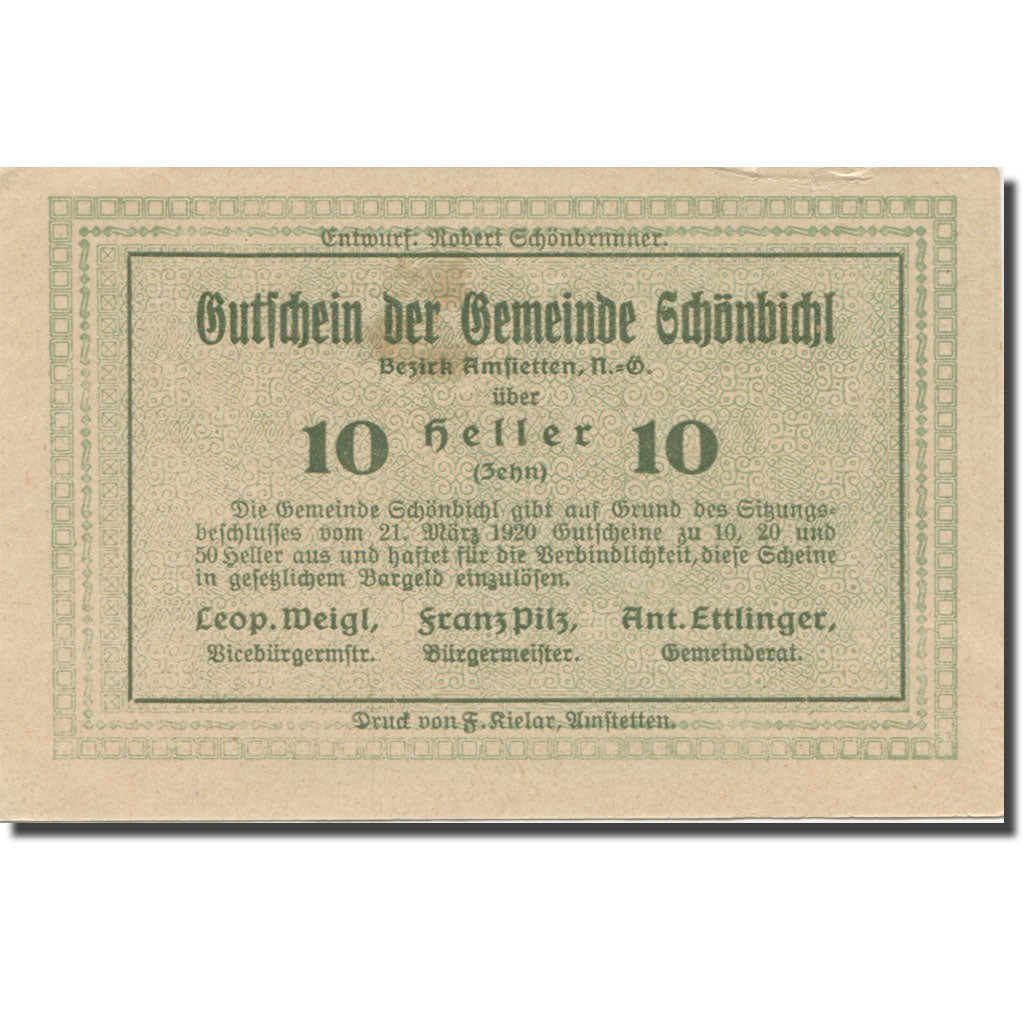 Banknote, Austria, Schönbichl N.Ö. Gemeinde, 10 Heller, Texte, 1920