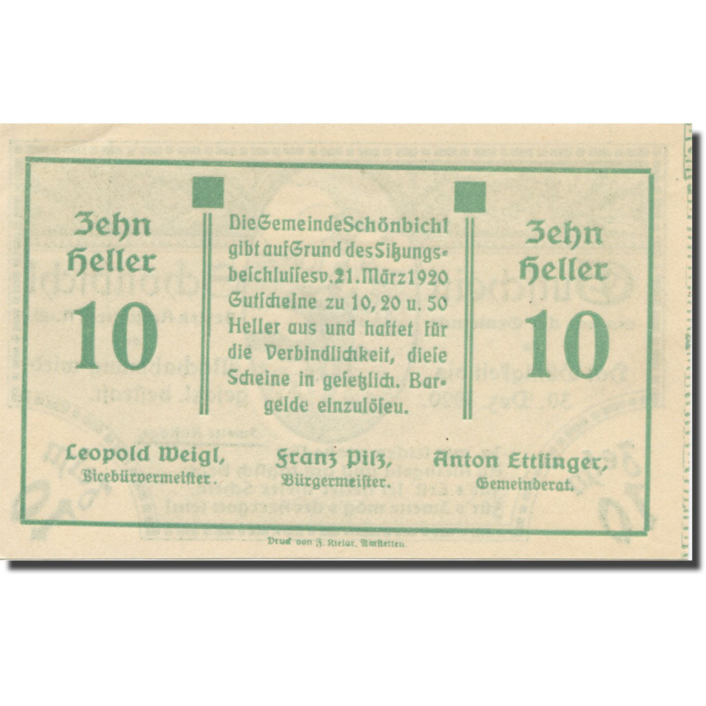 Banknote, Austria, Schönbichl N.Ö. Gemeinde, 10 Heller, texte 1, 1920