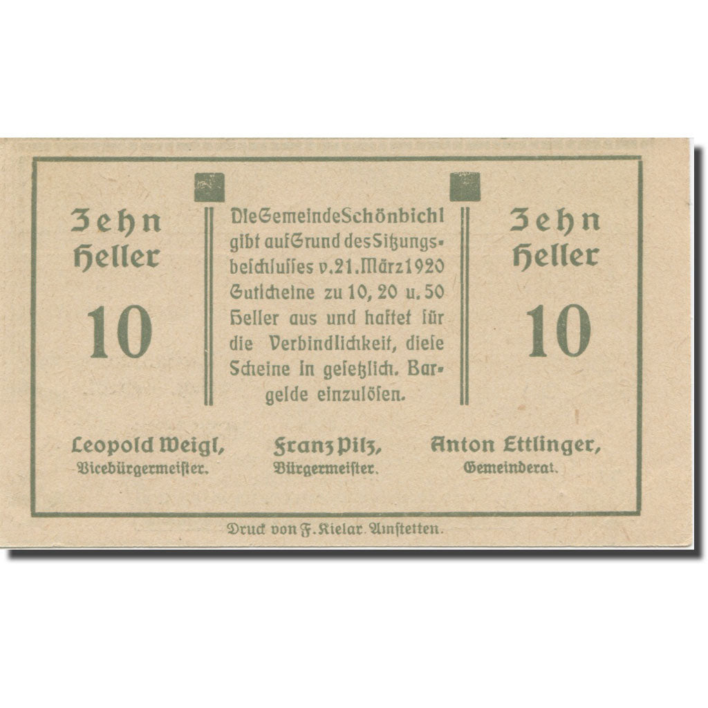 Banknote, Austria, Schönbichl N.Ö. Gemeinde, 10 Heller, Texte 2, 1920