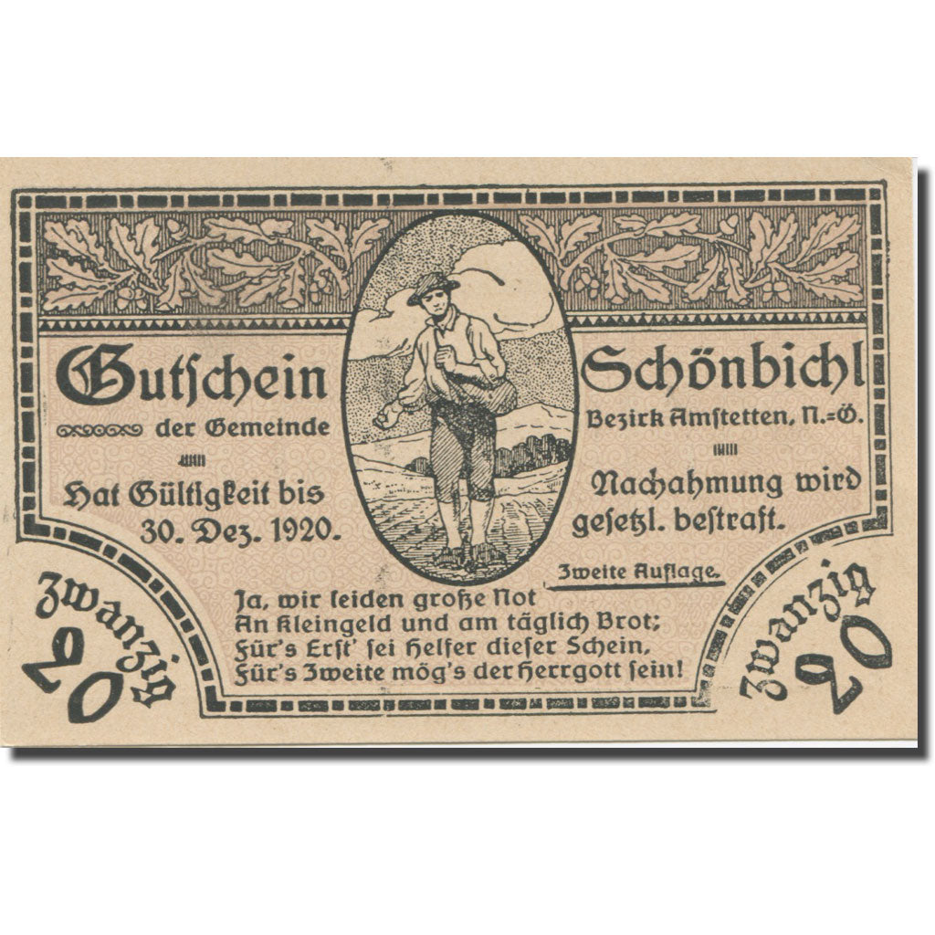 Banknote, Austria, Schönbichl N.Ö. Gemeinde, 20 Heller, Texte, 1920