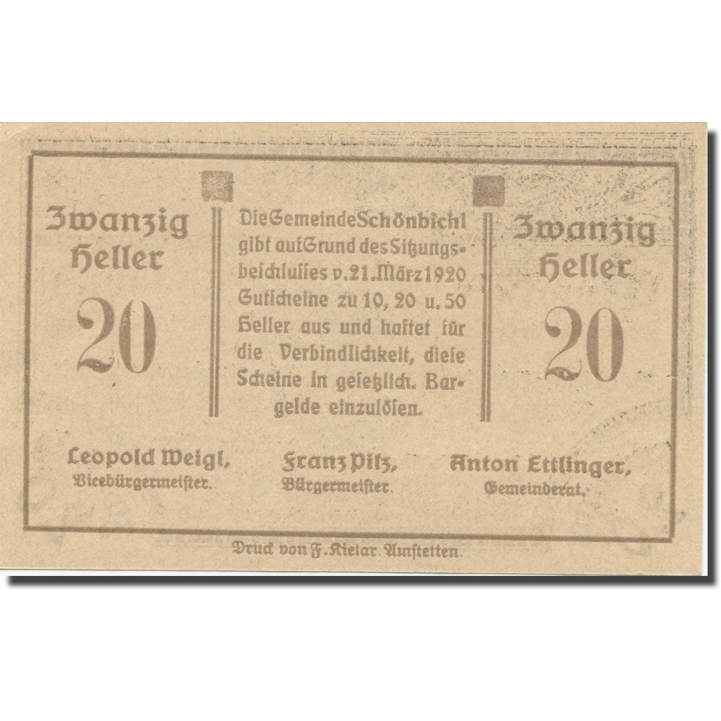 Banknote, Austria, Schönbichl N.Ö. Gemeinde, 20 Heller, Texte, 1920