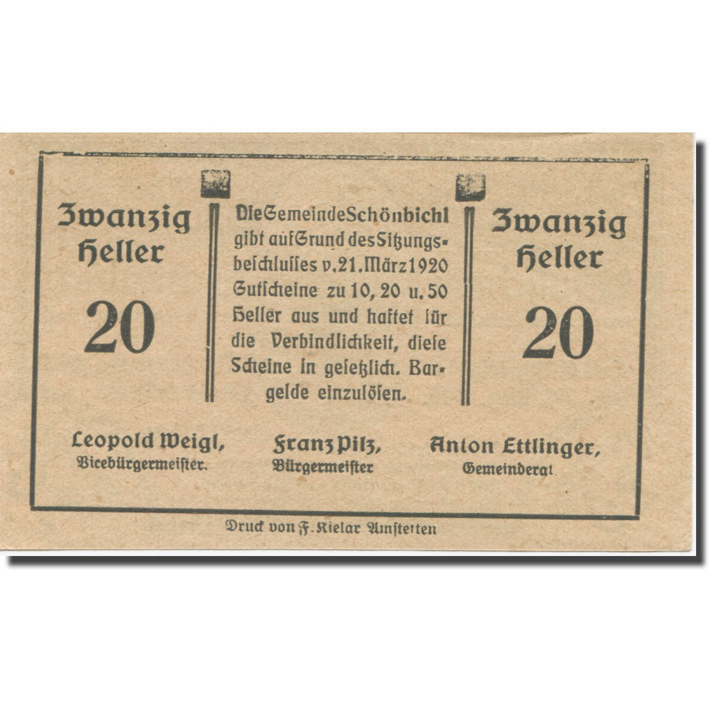 Banknote, Austria, Schönbichl N.Ö. Gemeinde, 20 Heller, texte 1, 1920