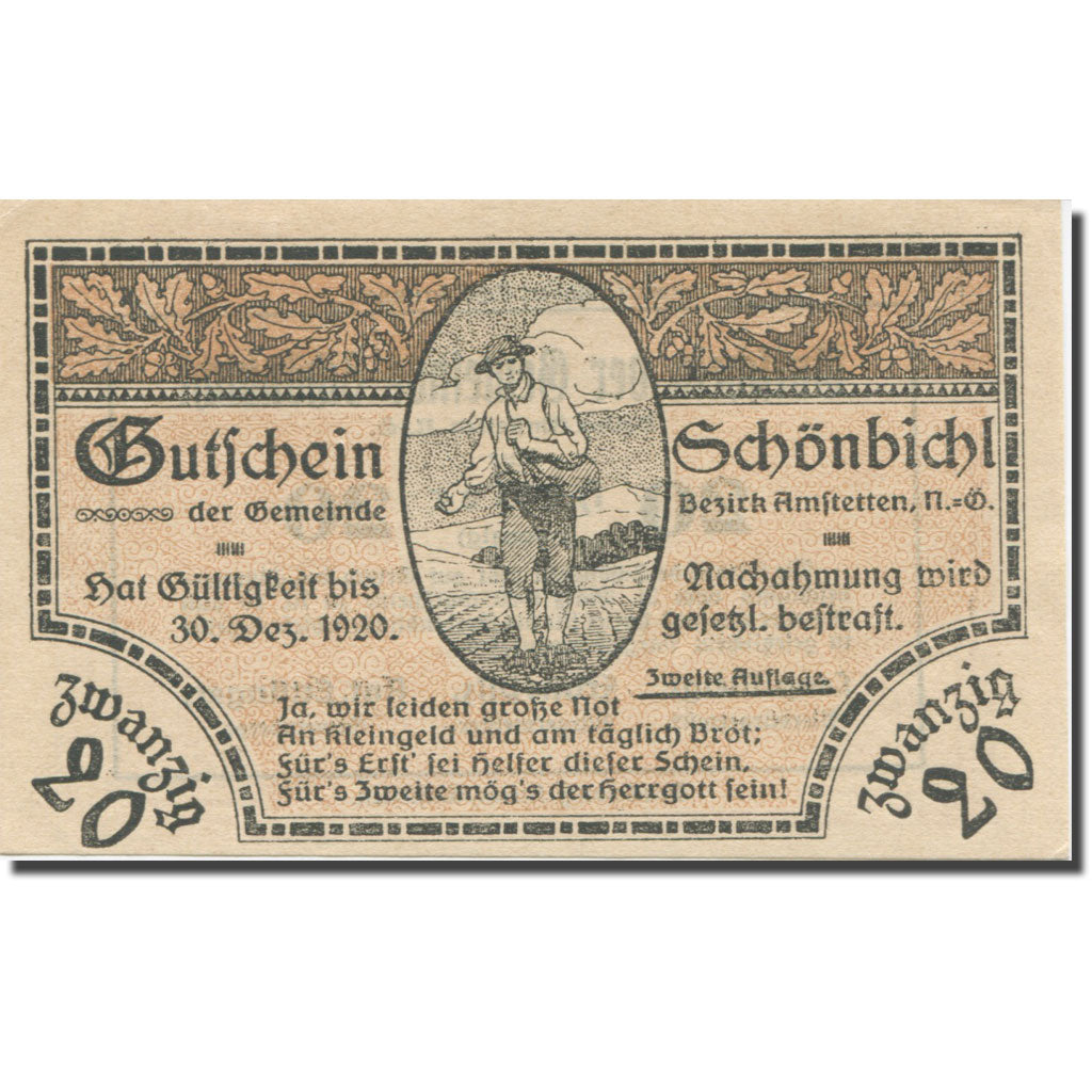 Banknote, Austria, Schönbichl N.Ö. Gemeinde, 20 Heller, Texte 2, 1920