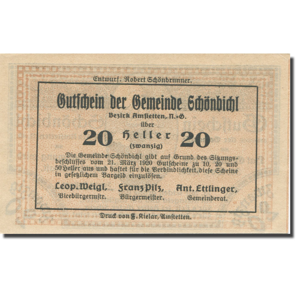 Banknote, Austria, Schönbichl N.Ö. Gemeinde, 20 Heller, Texte 2, 1920