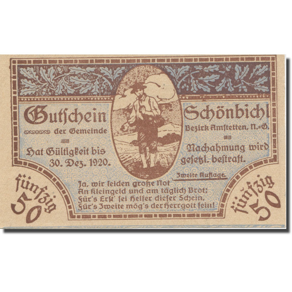Banknote, Austria, Schönbichl N.Ö. Gemeinde, 50 Heller, Texte, 1920