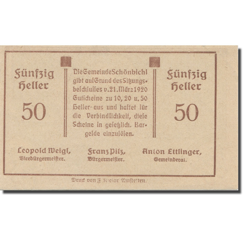 Banknote, Austria, Schönbichl N.Ö. Gemeinde, 50 Heller, Texte, 1920