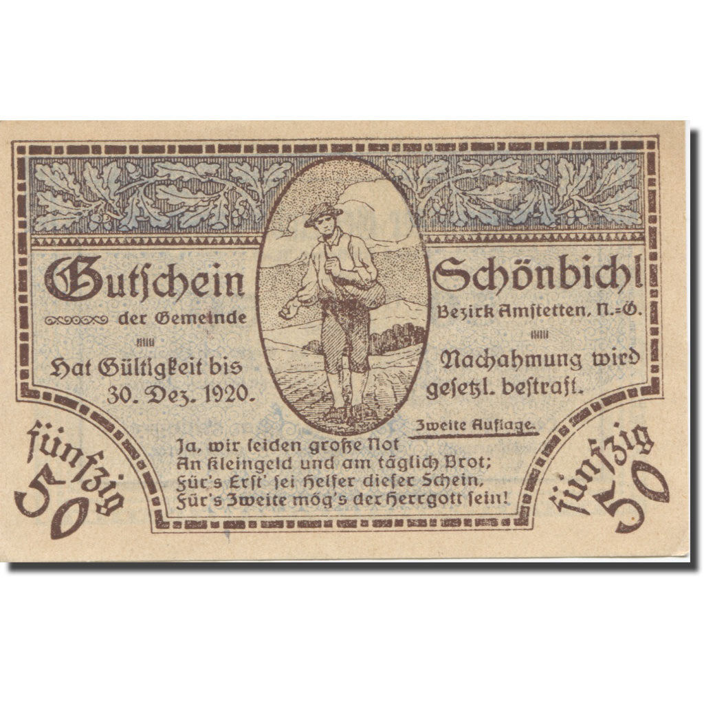 Banknote, Austria, Schönbichl N.Ö. Gemeinde, 50 Heller, texte 1, 1920