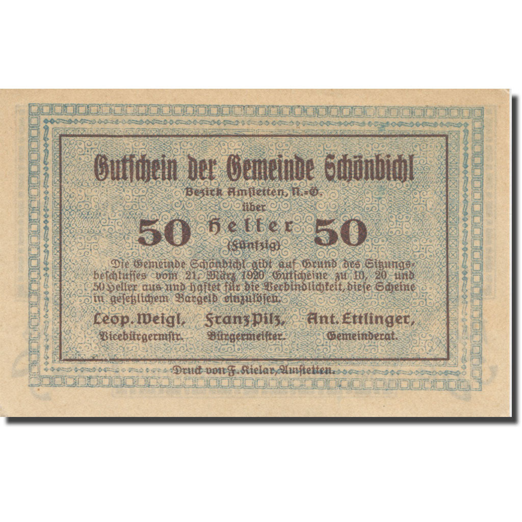 Banknote, Austria, Schönbichl N.Ö. Gemeinde, 50 Heller, texte 1, 1920