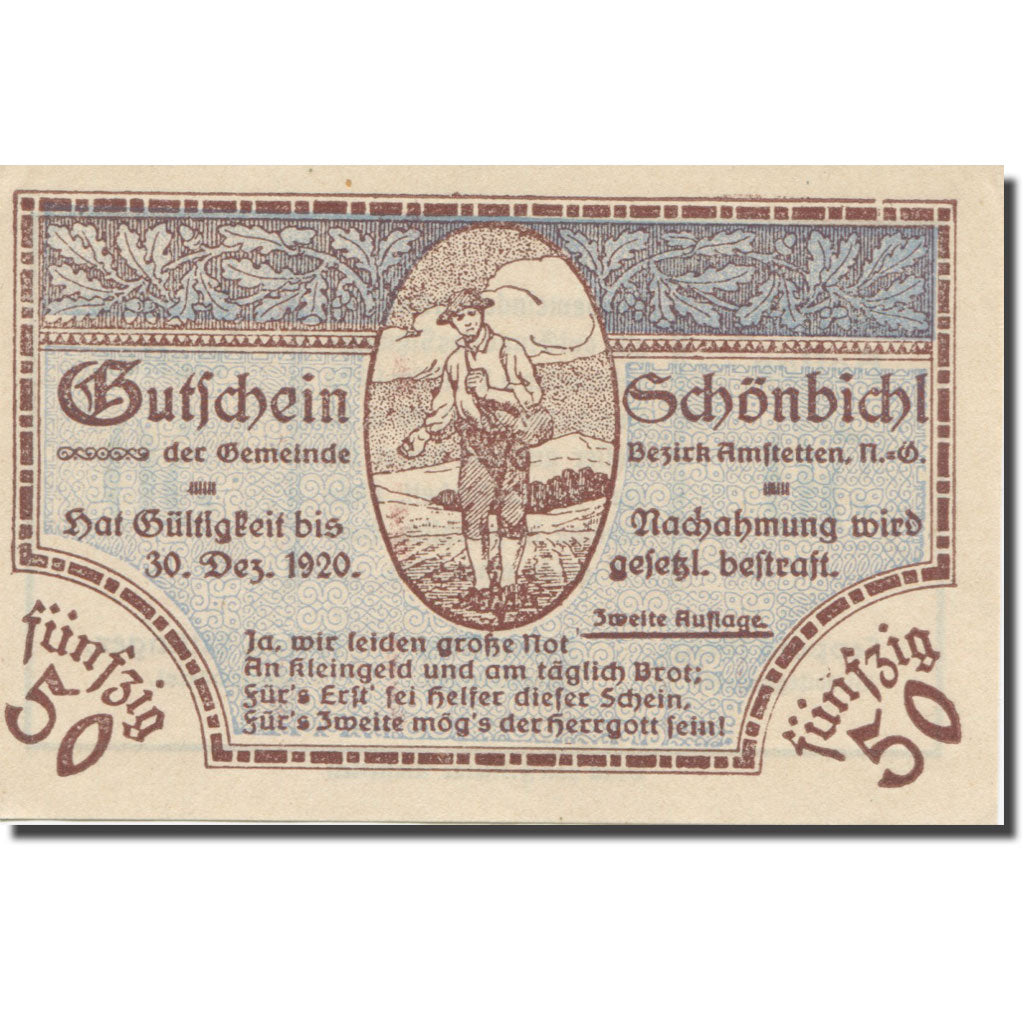 Banknote, Austria, Schönbichl N.Ö. Gemeinde, 50 Heller, Texte 2, 1920