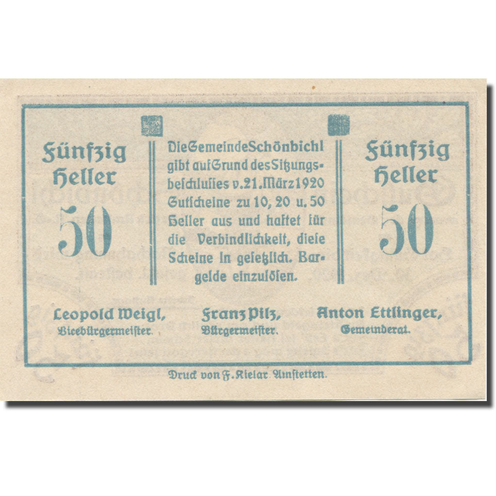 Banknote, Austria, Schönbichl N.Ö. Gemeinde, 50 Heller, Texte 2, 1920