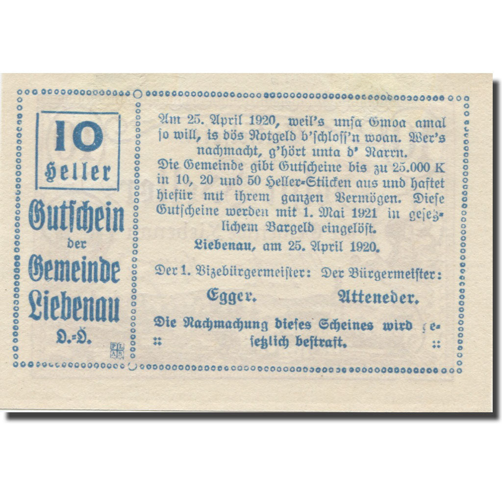 Banknote, Austria, Liebenau, 10 Heller, texte 1, 1921, 1921-05-01, AU(55-58)