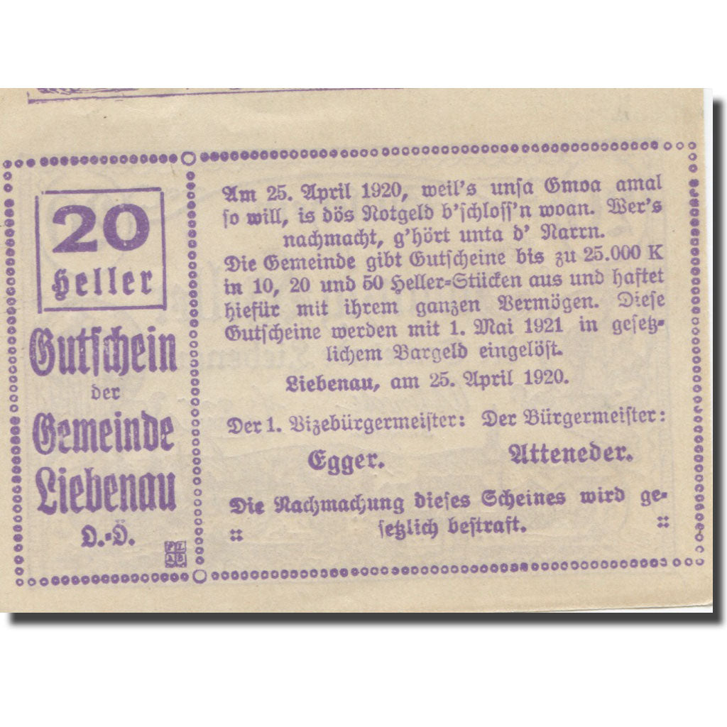 Banknote, Austria, Liebenau, 20 Heller, Texte 2, 1921, 1921-05-01, AU(55-58)