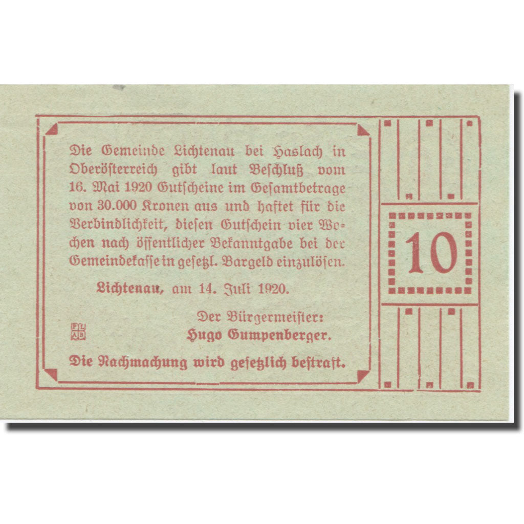 Banknote, Austria, Lichtenau, 10 Heller, Texte, 1920, 1920-04-01, AU(55-58)