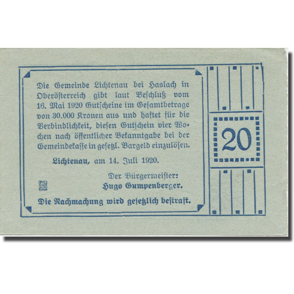Banknote, Austria, Lichtenau, 20 Heller, texte 1, 1920, 1920-04-01, AU(55-58)