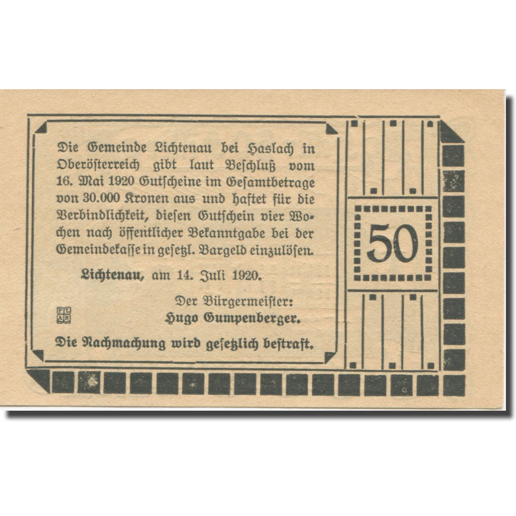 Banknote, Austria, Lichtenau, 50 Heller, Texte 2, 1920, 1920-04-01, AU(55-58)