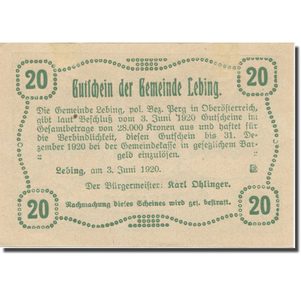 Banknote, Austria, Lebing O.Ö. Gemeinde, 20 Heller, Texte, 1920, 1920-12-31