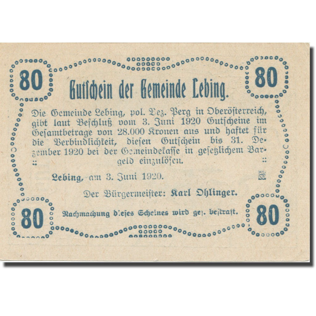 Banknote, Austria, Lebing O.Ö. Gemeinde, 80 Heller, Texte 2, 1920, 1920-12-31