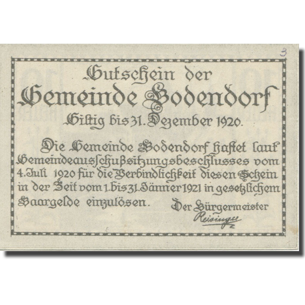 Banknote, Austria, Bodendorf O.Ö. Gemeinde, 10 Heller, Texte, 1921, 1921-01-31