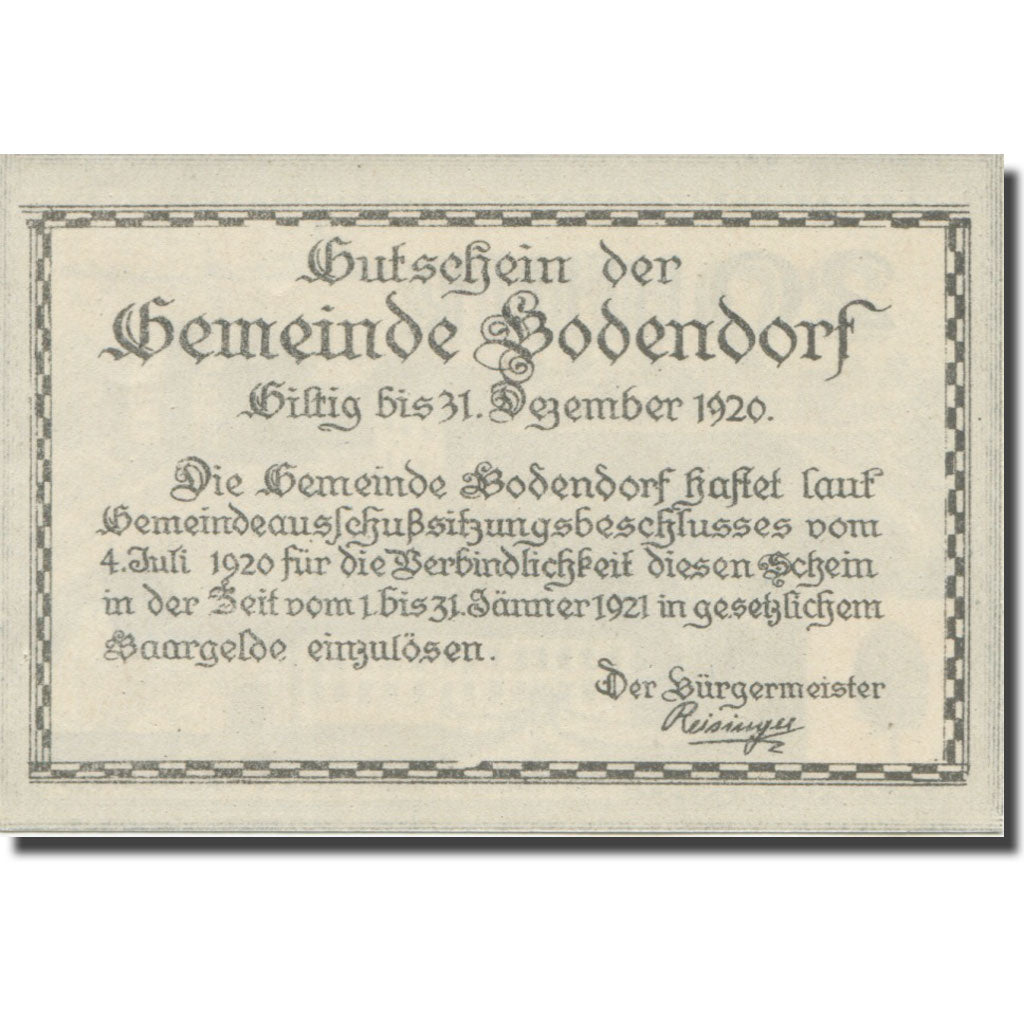 Banknote, Austria, Bodendorf O.Ö. Gemeinde, 20 Heller, Texte 2, 1921