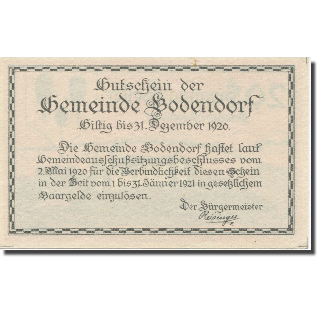 Banknote, Austria, Bodendorf O.Ö. Gemeinde, 20 Heller, Texte 3, 1921