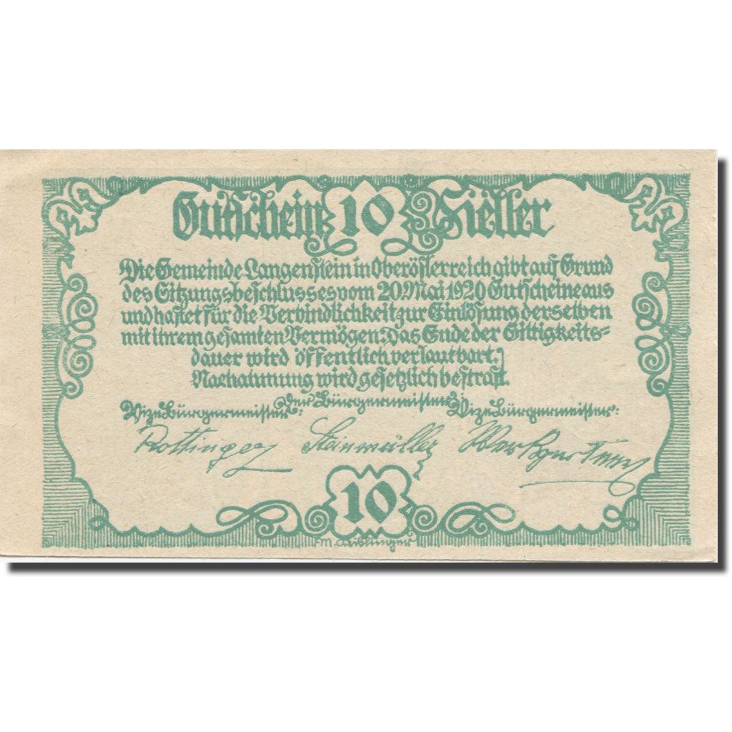 Banknote, Austria, Langenstein, 10 Heller, Texte, 1920, 1920-05-20, AU(55-58)